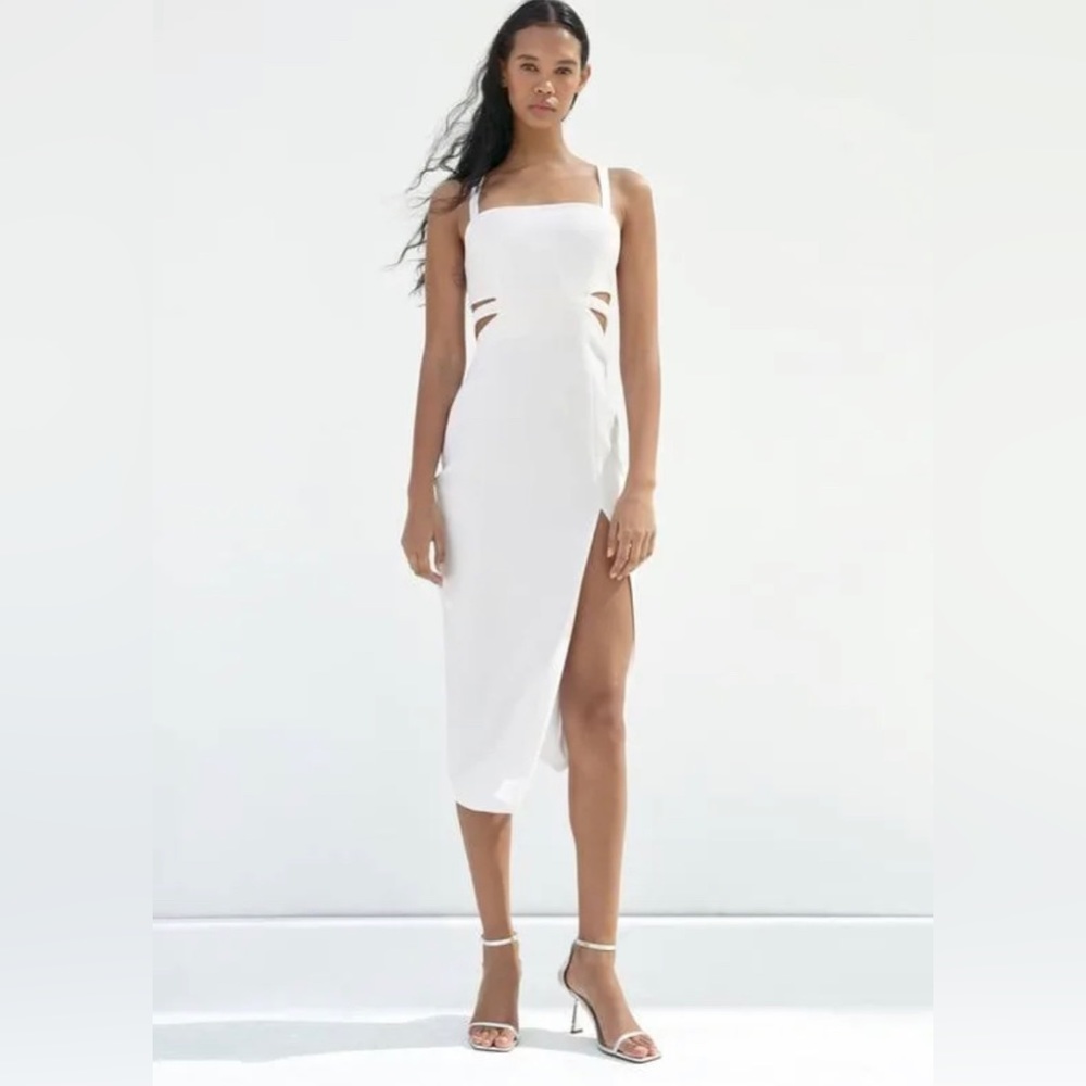 Zara White Midi Dress with cutout detail, elastic strap and front slit at hem